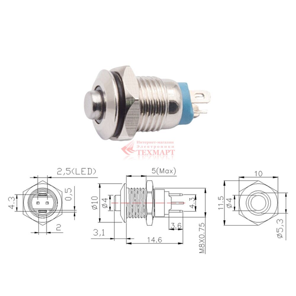 Кнопка антивандальная 8 мм OFF-(ON) LED12V 2A/24V 4c IB8-G IP65 без фиксации  белая | купить оптом и в розницу